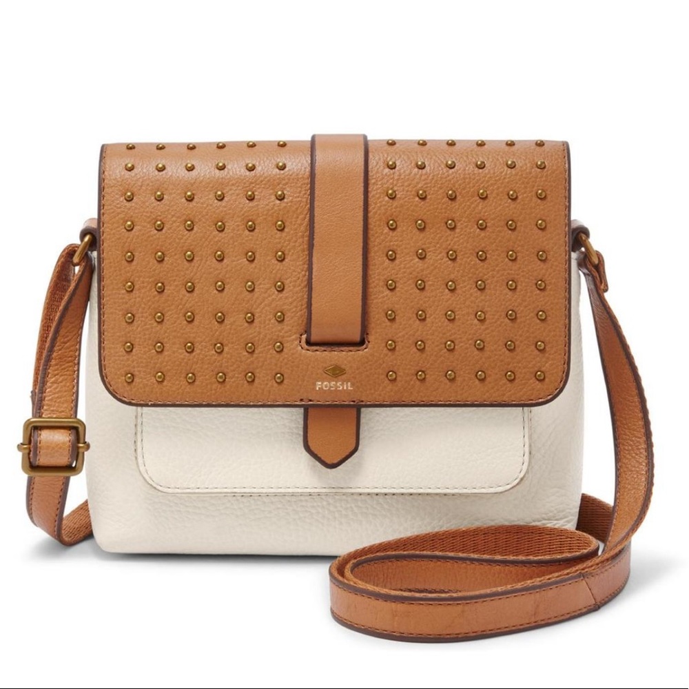 Fossil White and Tan Crossbody Bag with Perforated Flap